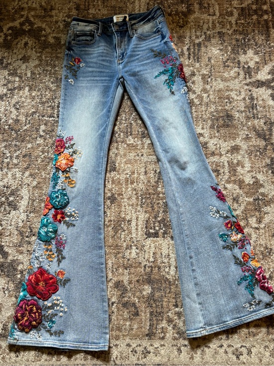 Free People Denim - Driftwood X Free People Farrah 24x34 Embroidered Floral Flare Denim Pants